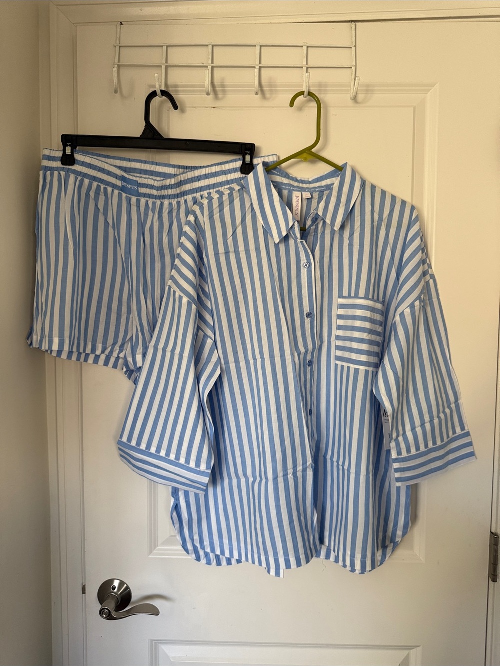 Women’s Blue & White Striped Pajama Set - Relaxed Button-Up Top & Shorts